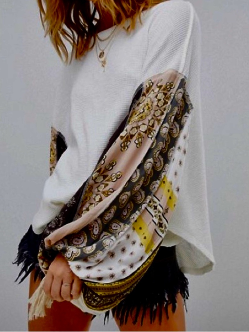 We the Free Blossom Thermal White Knit Top Patchwork Boho Balloon Sleeves Blouse